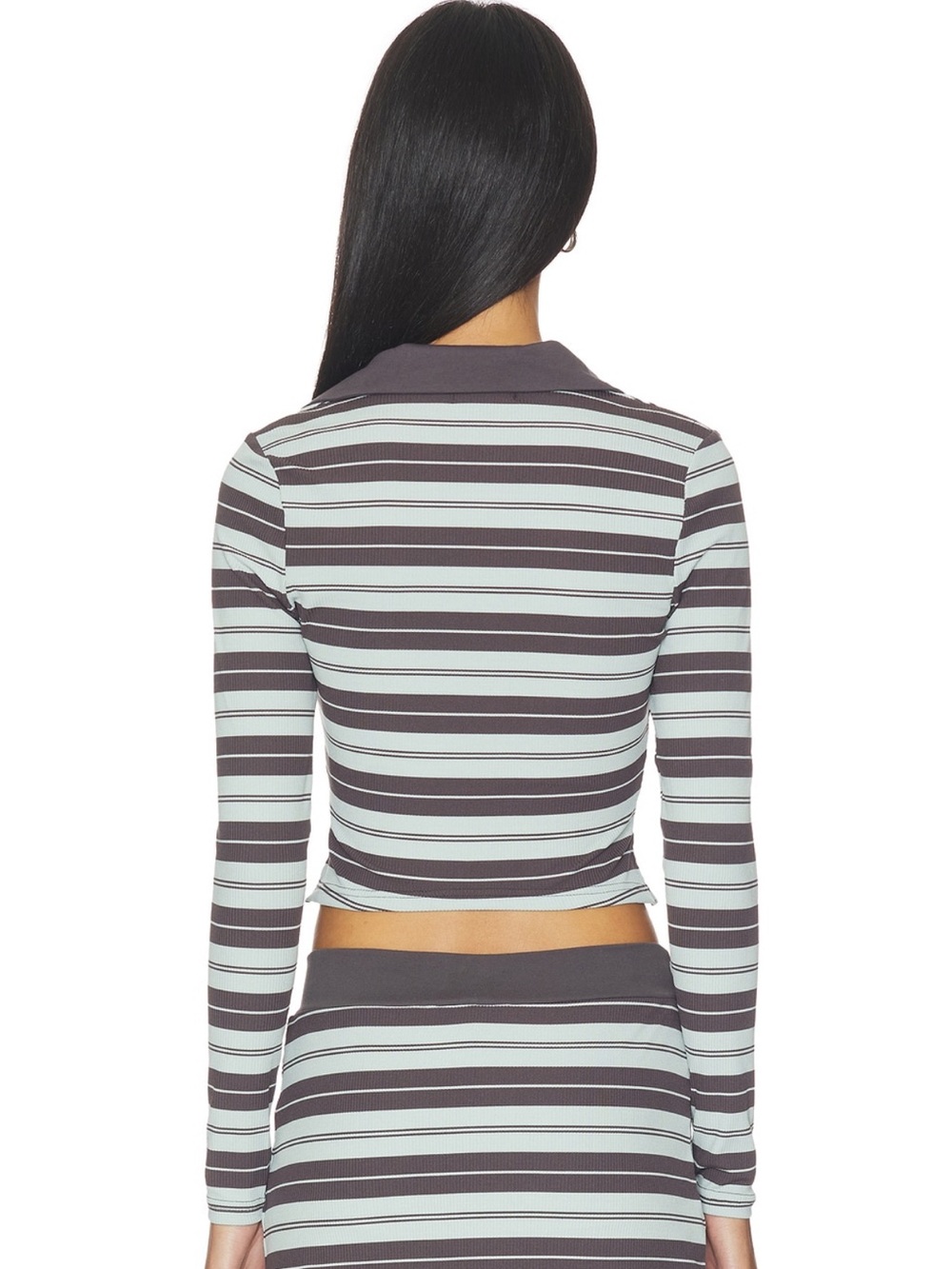 Tiger Mist Striped V‑Neck Long Sleeve Crop Top in Blue and Charcoal - Picture 3 of 6